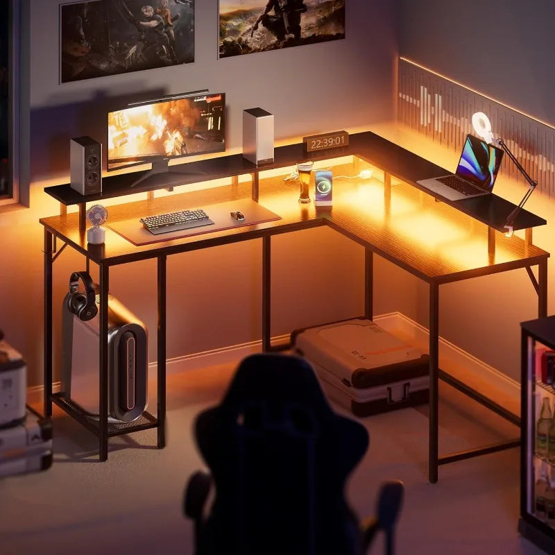 Computer Desk with Power Outlets & LED Lights